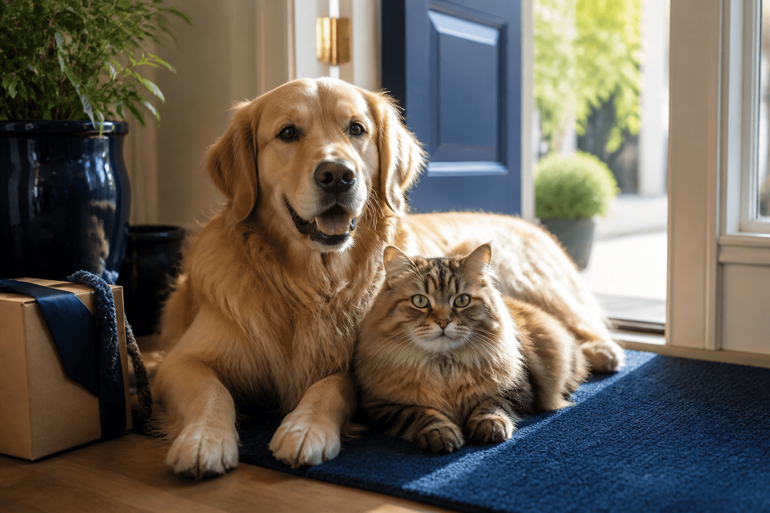 Perro y gato juntos en un hogar cálido, esperando productos para mascotas